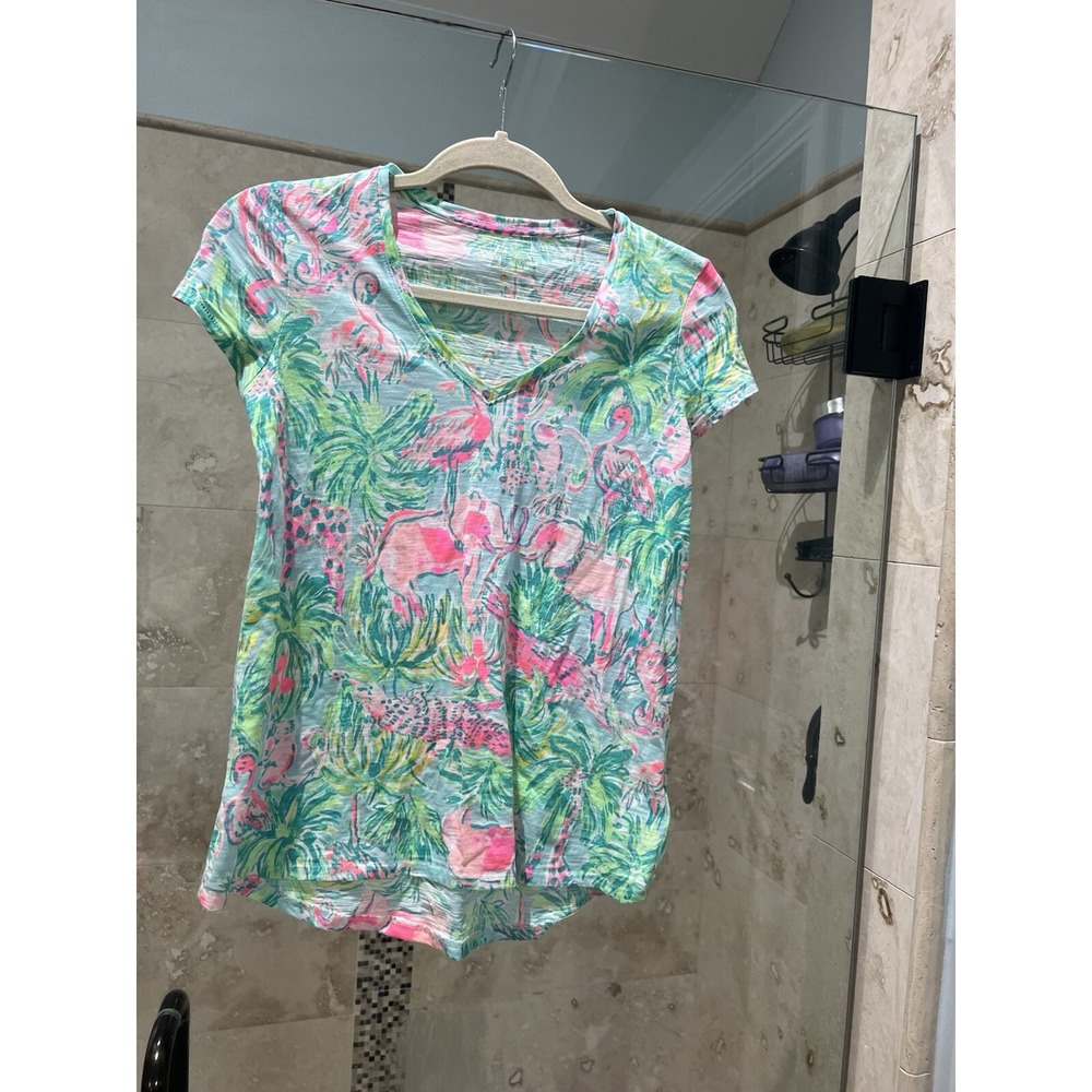 Lilly Pulitzer Pink Flamingo on Paradise V-Neck Top T-Shirt 2XS XXS